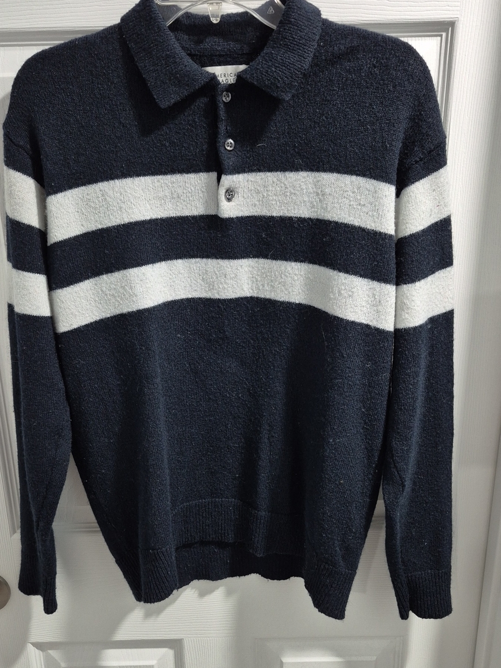 American Eagle Outfitters Navy and White Striped V-Neck Polo Sweater